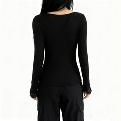 Long sleeve lace hem v neck solid top