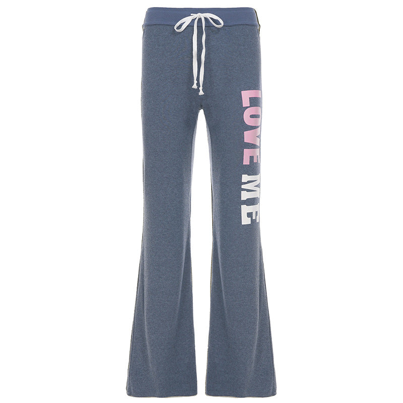 Drawstring letter pattern low rise straight leg pant