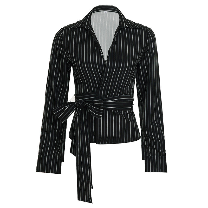 Long sleeve striped turnover collar self tie top