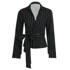 Long sleeve striped turnover collar self tie top