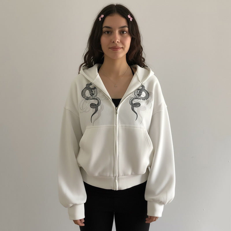 Hoodie long sleeve zip-up snake pattern top