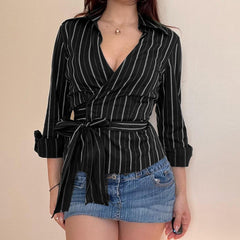 Long sleeve striped turnover collar self tie top