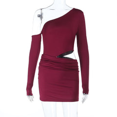 Long sleeve hollow out one shoulder ruched cut out mini dress