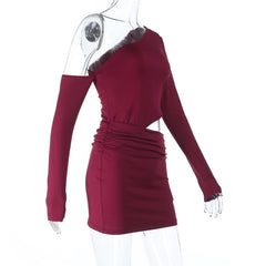 Long sleeve hollow out one shoulder ruched cut out mini dress