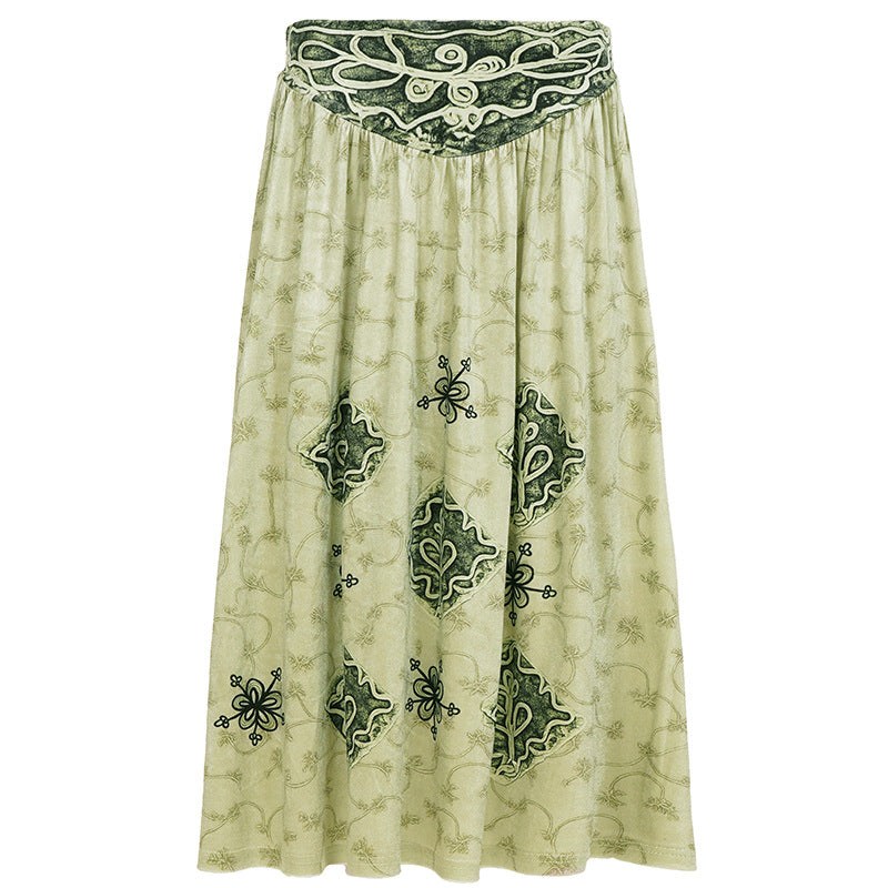 Ruched velvet print contrast midi skirt