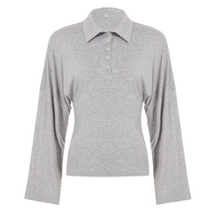 Long sleeve turnover collar button solid top