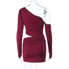 Long sleeve hollow out one shoulder ruched cut out mini dress