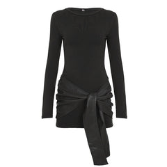Crewneck long sleeve PU leather solid mini dress