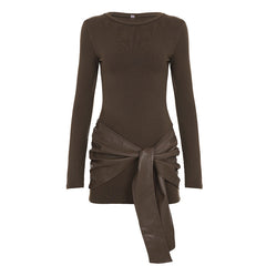 Crewneck long sleeve PU leather solid mini dress