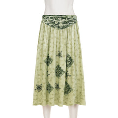 Ruched velvet print contrast midi skirt