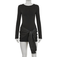Crewneck long sleeve PU leather solid mini dress