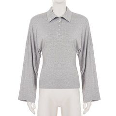 Long sleeve turnover collar button solid top