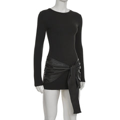 Crewneck long sleeve PU leather solid mini dress