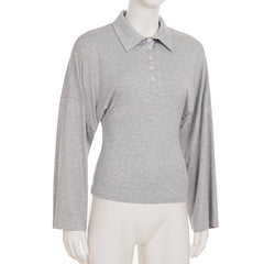 Long sleeve turnover collar button solid top