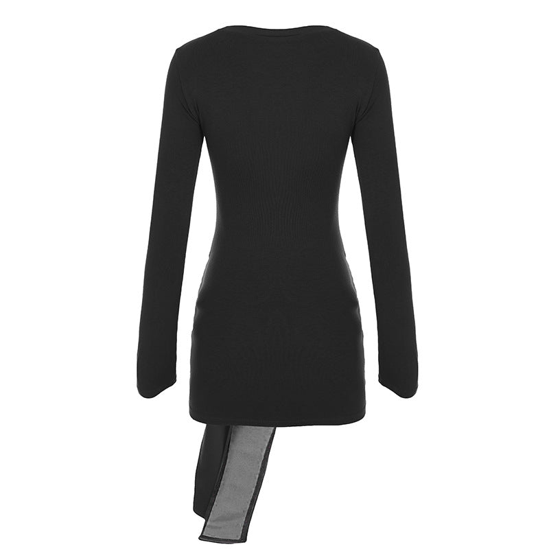 Crewneck long sleeve PU leather solid mini dress