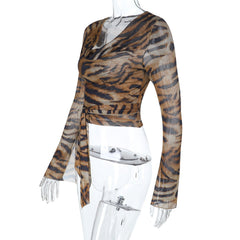 Leopard print long sleeve cowl neck self tie top