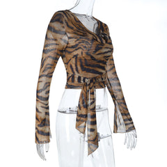 Leopard print long sleeve cowl neck self tie top