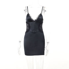Lace hem v neck backless cami mini dress