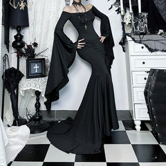 Long flared sleeve off shoulder solid maxi dress