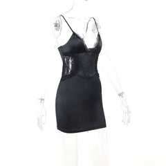 Lace hem v neck backless cami mini dress