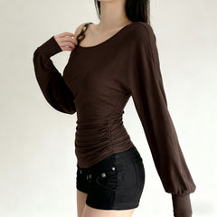 Long sleeve o ring beaded ruched irregular top