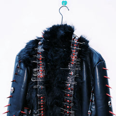 Long sleeve PU leather rivet fluffy coat top