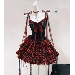 Bowknot ruffle self tie hollow out mini skirt set