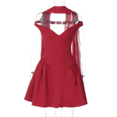 V neck off shoulder solid zip-up mini dress
