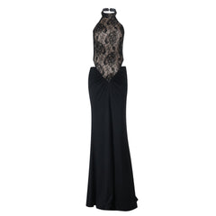 Halter button lace ruched backless maxi dress