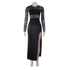 Crewneck lace long sleeve slit irregular maxi dress