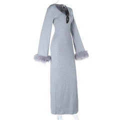 Hollow out slit long sleeve fluffy glitter cut out maxi dress