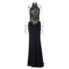 Halter button lace ruched backless maxi dress
