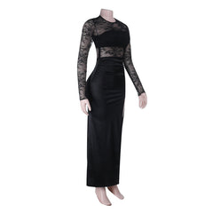 Crewneck lace long sleeve slit irregular maxi dress