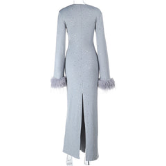 Hollow out slit long sleeve fluffy glitter cut out maxi dress