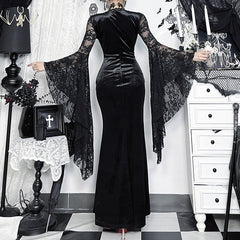 Long flared sleeve v neck beaded lace slit midi dress