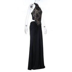 Halter button lace ruched backless maxi dress