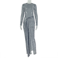 Long sleeve crewneck slit mesh maxi dress