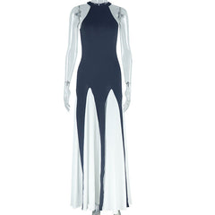 Crewneck zip-up contrast sleeveless maxi dress