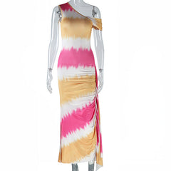 Ruched one shoulder print irregular maxi dress