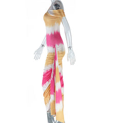 Ruched one shoulder print irregular maxi dress