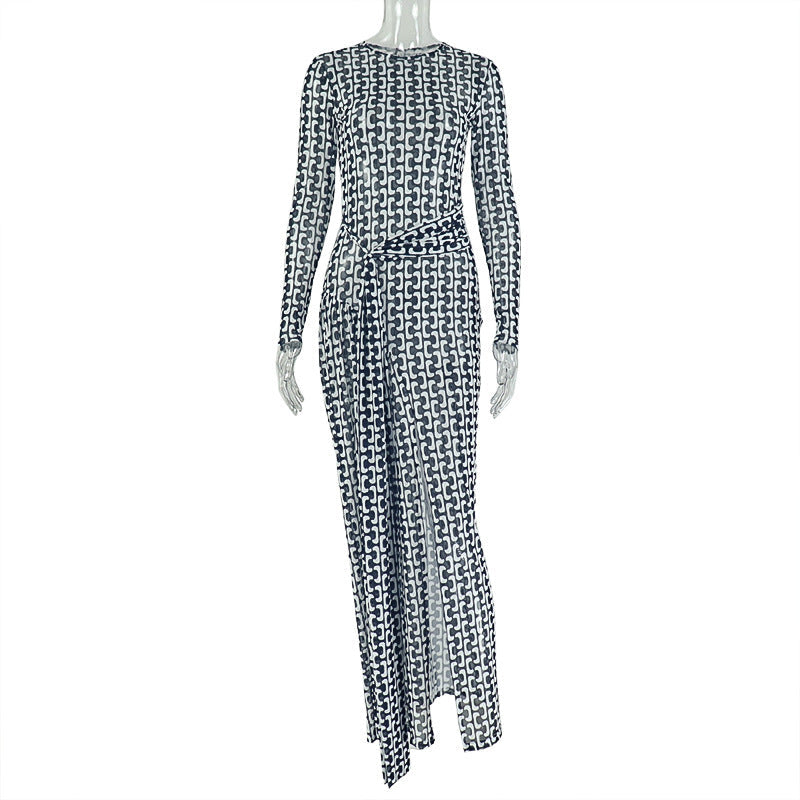 Long sleeve crewneck slit mesh maxi dress