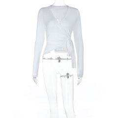 Self tie v neck long sleeve lace hem solid top