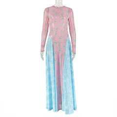 Long sleeve print crewneck mesh maxi dress
