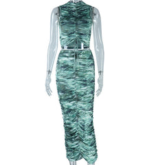 Drawstring ruched crewneck print midi skirt set