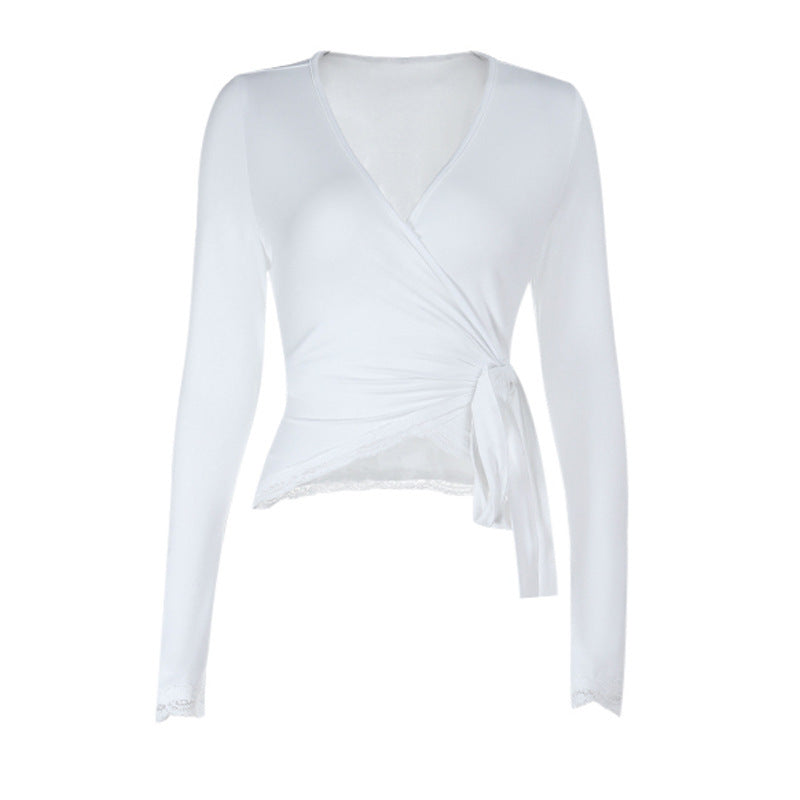 Self tie v neck long sleeve lace hem solid top