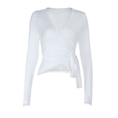 Self tie v neck long sleeve lace hem solid top