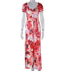 Short sleeve v neck flower print button maxi dress