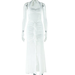 Halter self tie ruched v neck backless maxi dress