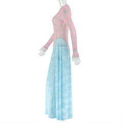 Long sleeve print crewneck mesh maxi dress