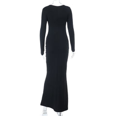 Long sleeve v neck ruched solid maxi dress